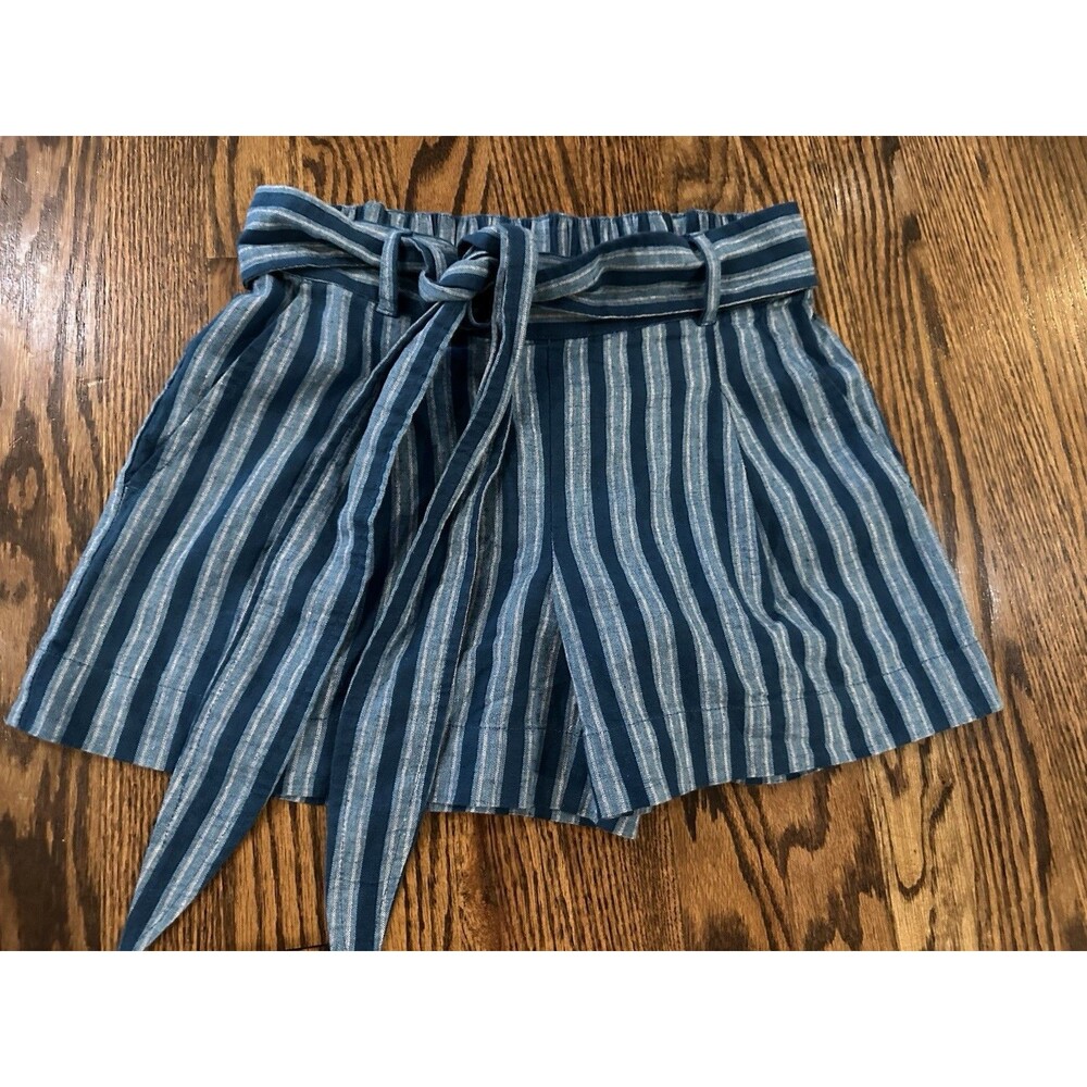 Loft Beach Women’s Linen Blend Striped Paper Bag Tie Waist Shorts White Blue XXS
